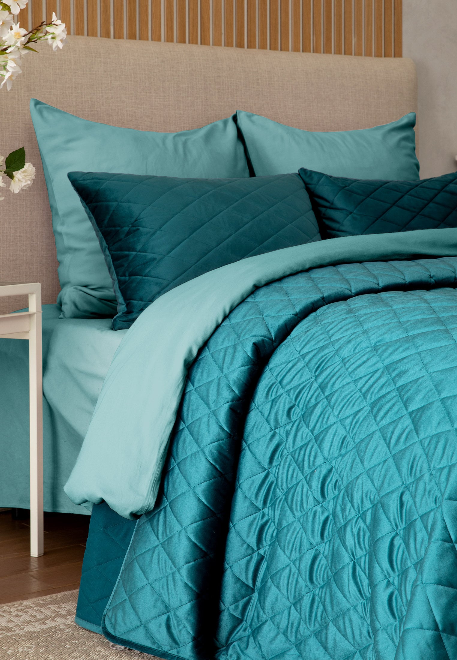 Покрывало стеганое с наволочками велюр "Essential home" Teal green Унисон 3