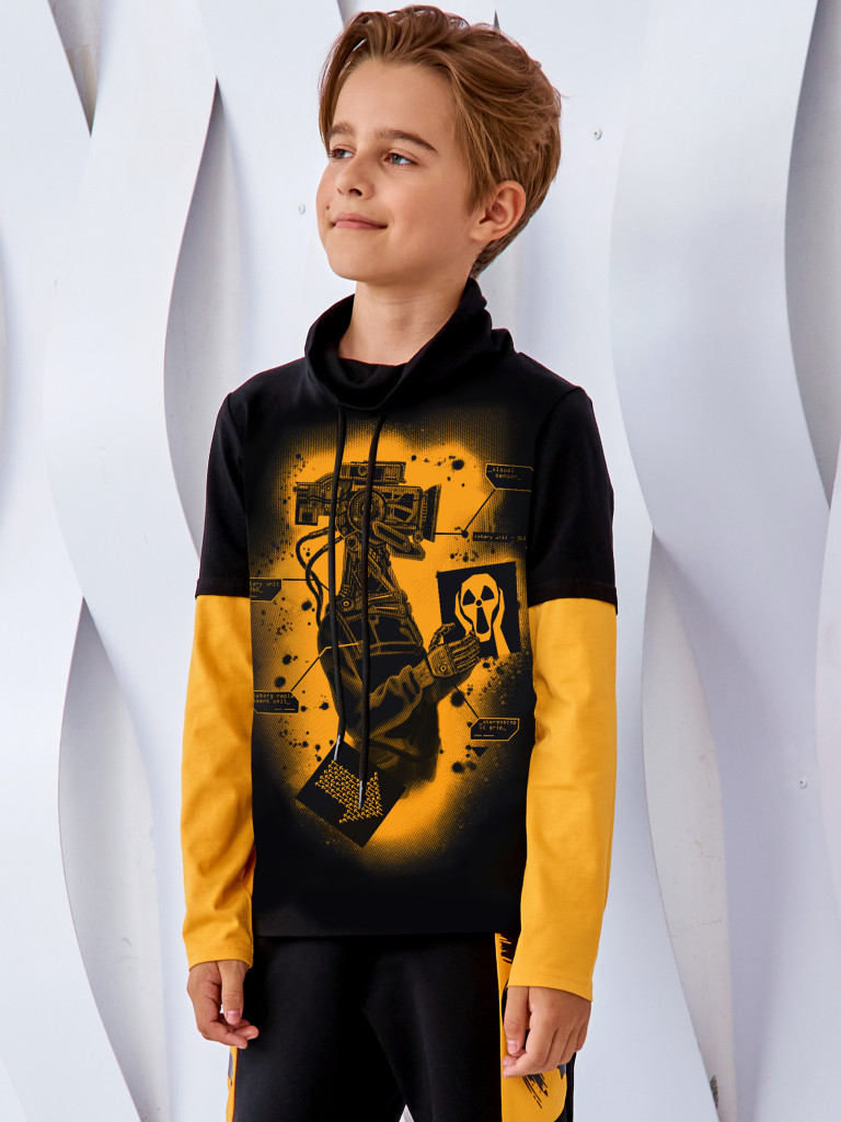 Лонгслив с воротником-хомут "CYBER BRO", черно-желтый, Juno 6