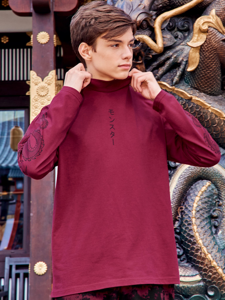 Лонгслив с воротником-стойка "TOKYO PUNK", бордовый, Crazy Getup 1