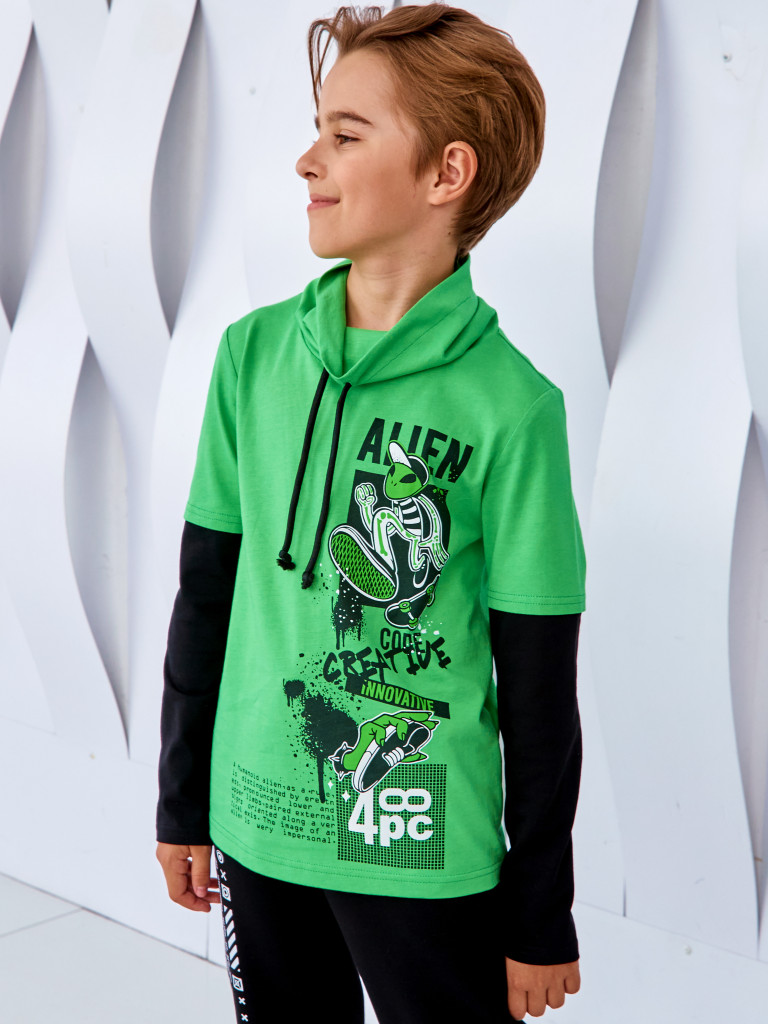 Лонгслив с воротником-хомут "MAKE CONTACT", лайм, Juno 4