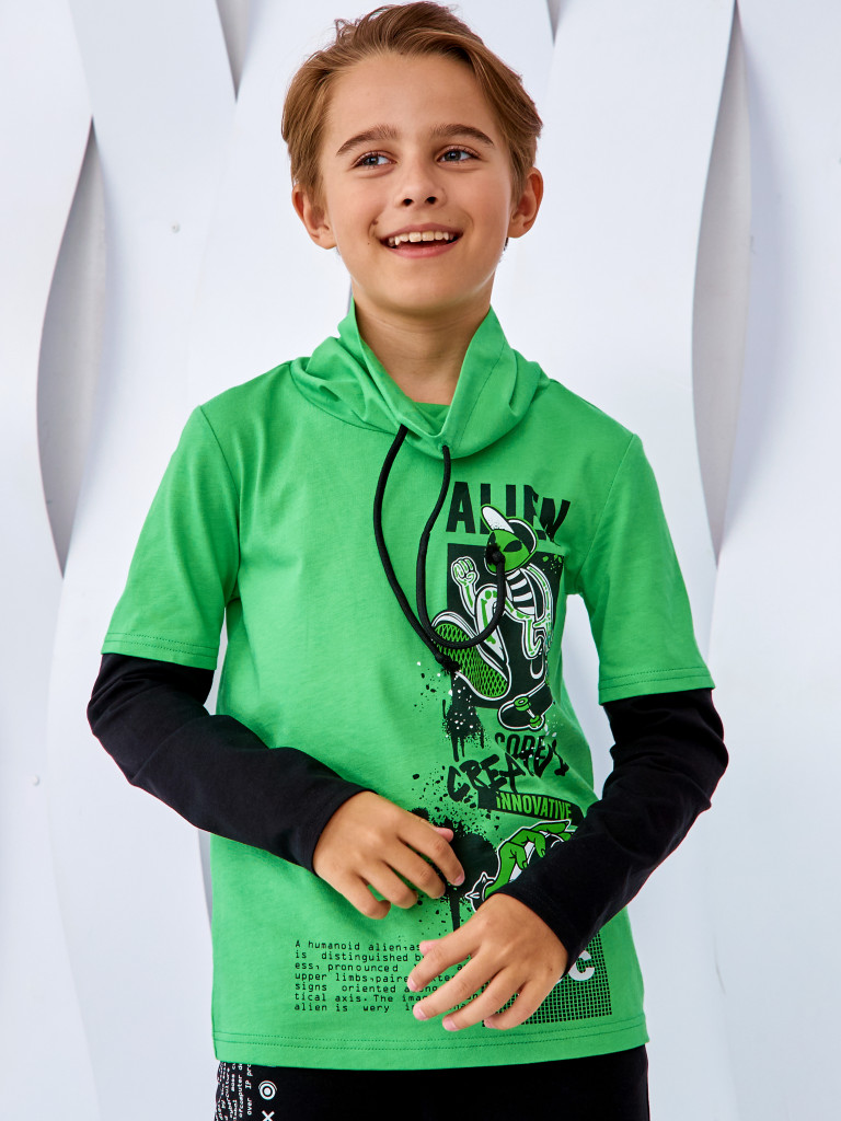 Лонгслив с воротником-хомут "MAKE CONTACT", лайм, Juno 1