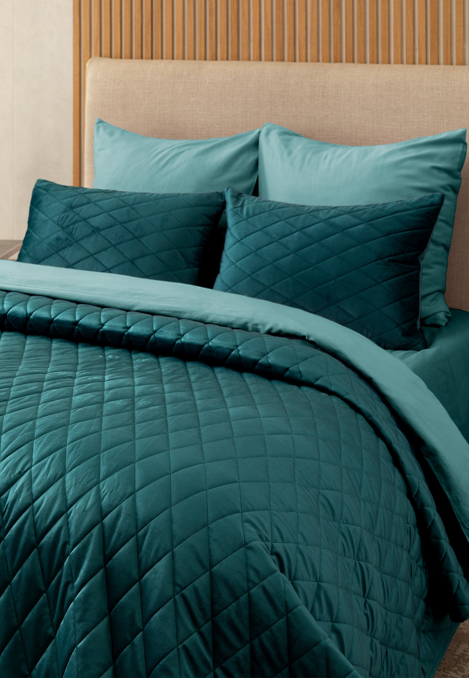 Покрывало стеганое с наволочками велюр "Essential home" Teal green Унисон 2