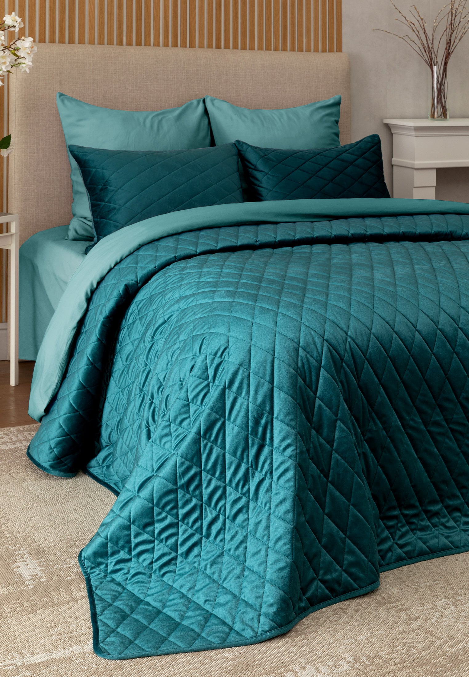 Покрывало стеганое с наволочками велюр "Essential home" Teal green Унисон 1