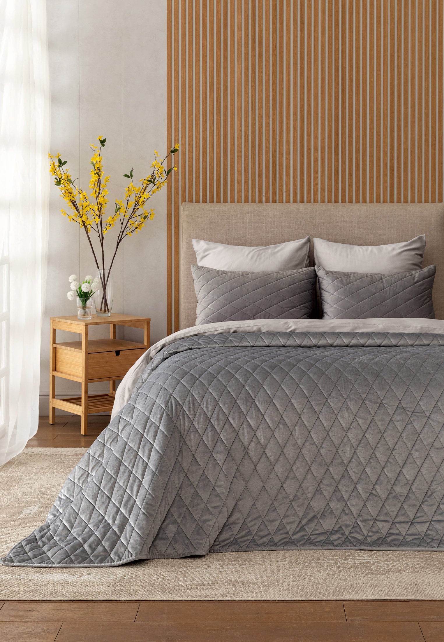 Покрывало стеганое с наволочками велюр "Essential home" Silver grey Унисон 0