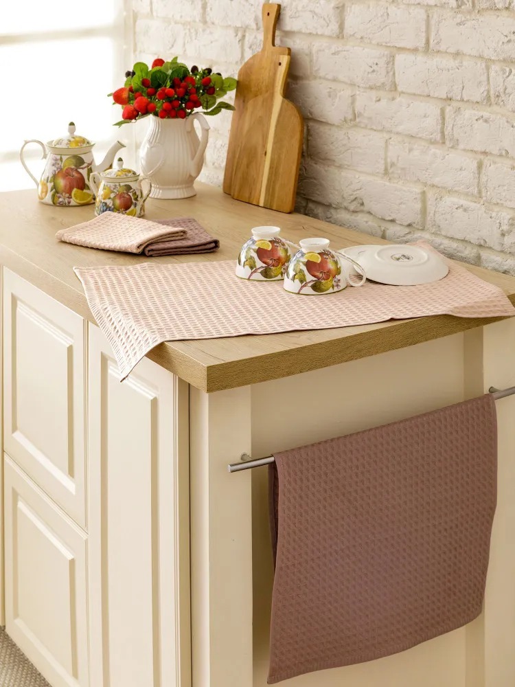 Комплект вафельных полотенец, кремовый/капучино, Mia Cara 1