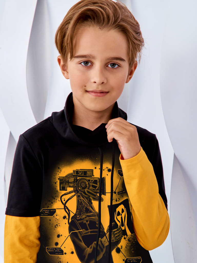 Лонгслив с воротником-хомут "CYBER BRO", черно-желтый, Juno 1