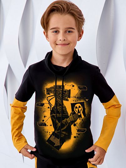 Лонгслив с воротником-хомут "CYBER BRO", черно-желтый, Juno Лонгслив с воротником-хомут "CYBER BRO", черно-желтый, Juno