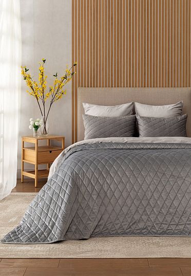 Покрывало стеганое с наволочками велюр "Essential home" Silver grey Унисон