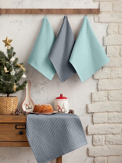 Комплект вафельных полотенец, серо-голубой/мятный, Mia Cara