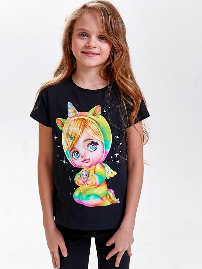 Футболка "Девочка-единорожка", черный, Juno