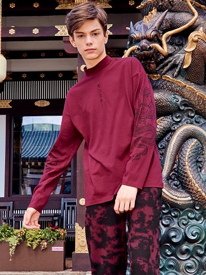 Лонгслив с воротником-стойка "TOKYO PUNK", бордовый, Crazy Getup